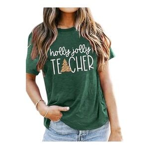 Holly Jolly Teacher T-Shirt Christmas‎ Tree Graphic Tee Green Women Size Large